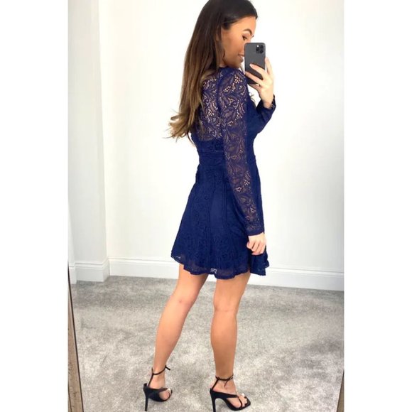 Bardot NEW Tiana Long Sleeve Lace Mini Dress Navy Party Cocktail Sz 10 Large NWT - Picture 4 of 13